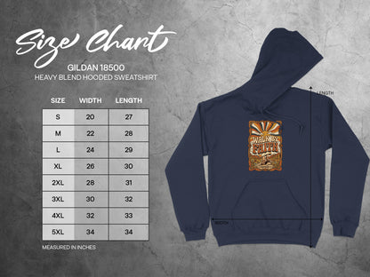 Gildan 18500 hoodie size chart with measurements and graphic.