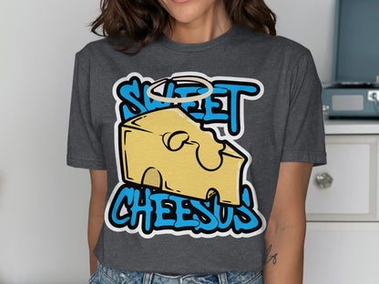 T-shirt with "Sweet Cheesus" text and cartoon cheese with a halo.
