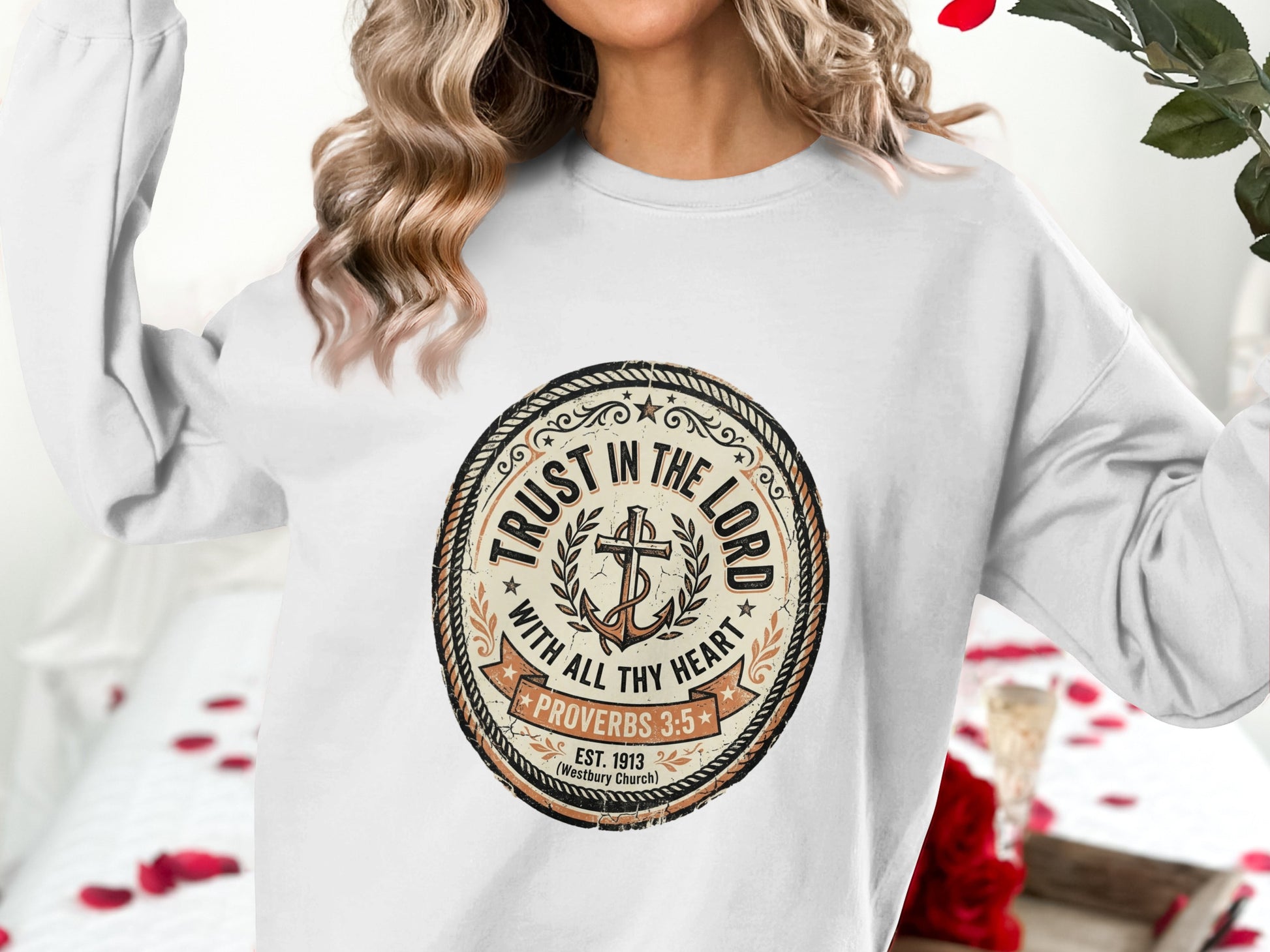 Crewneck sweatshirt with "Trust in the Lord" graphic.