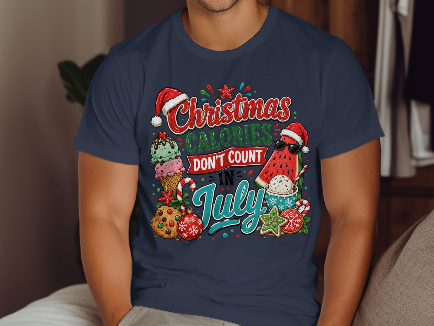 Christmas calories don't count in July text with ice cream, watermelon, and cookies.