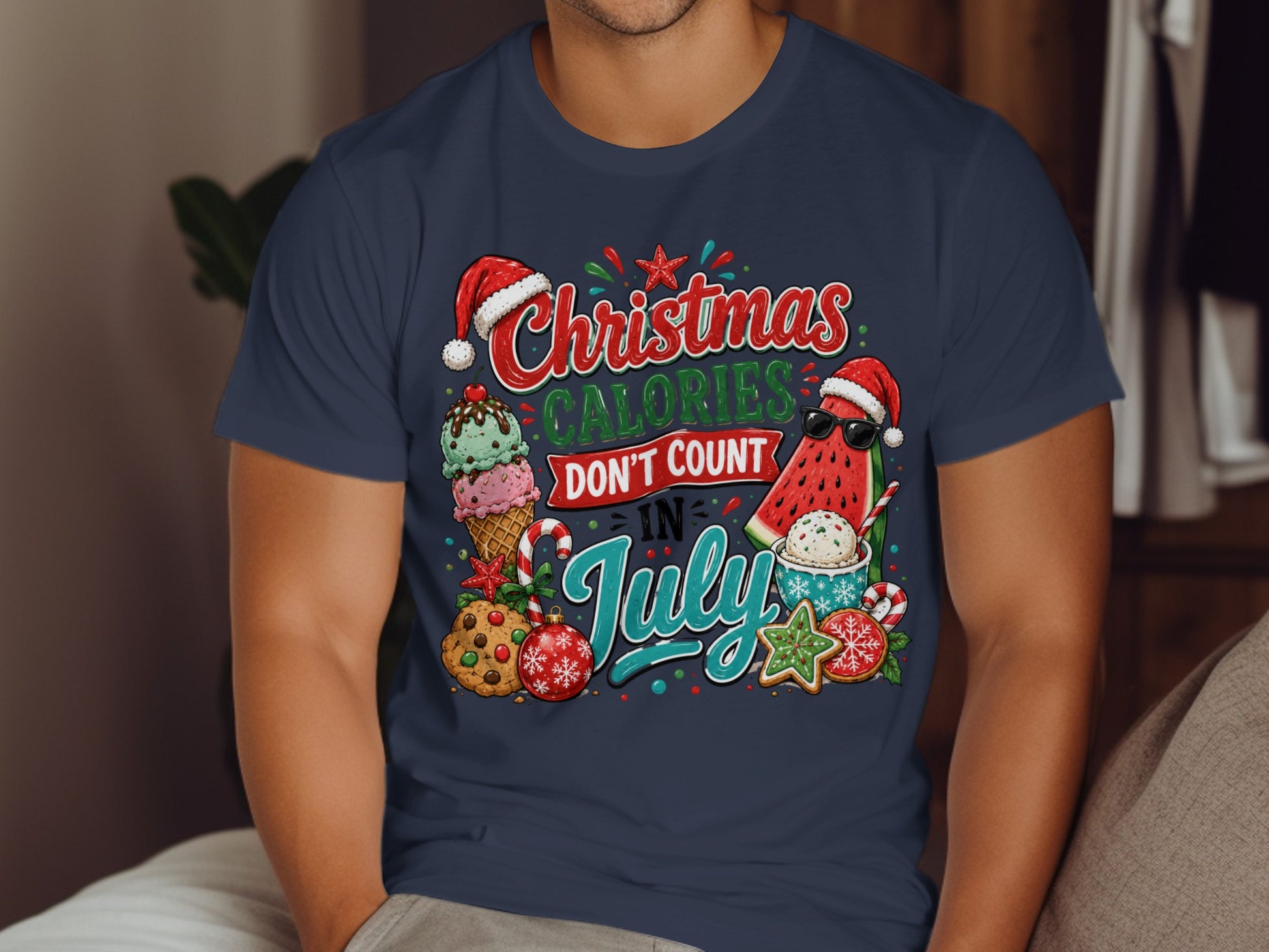 Christmas calories don't count in July text with ice cream, watermelon, and cookies.