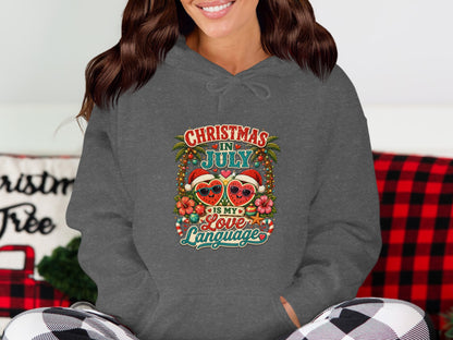 Christmas in July hearts graphic on a dark grey hoodie.