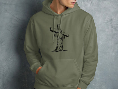 Hoodie with line art of Jesus carrying a cross.