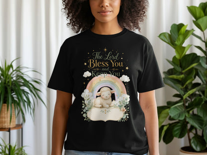 Black t-shirt with a watercolor design of a lamb, rainbow, and the text "The Lord Bless You and Keep You."