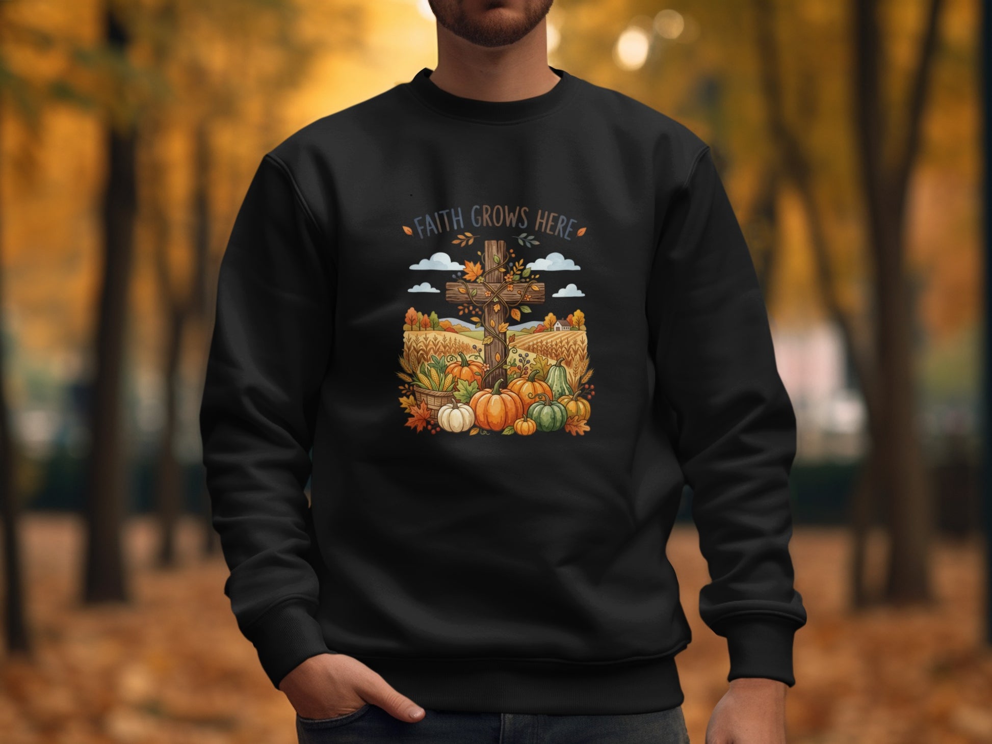 Black sweatshirt with fall harvest scene and "Faith Grows Here" text.