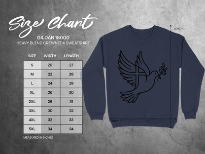 Gildan 18000 crewneck sweatshirt size chart with dove graphic.