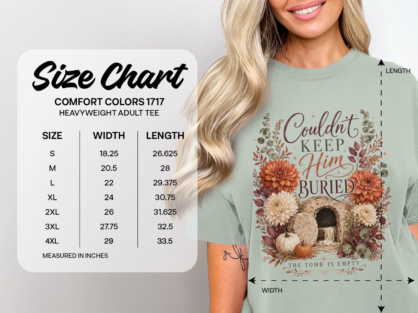 Size chart for Comfort Colors 1717 heavyweight tee with floral tomb graphic.