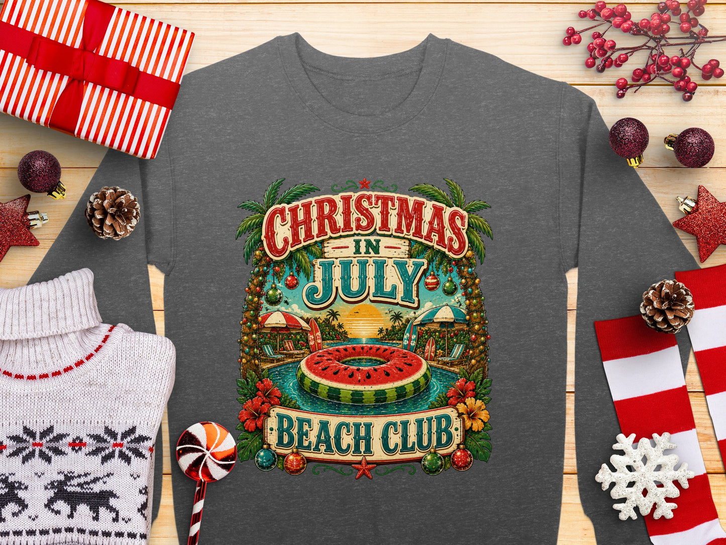 Christmas in July beach club graphic with palm trees, pool, and presents.