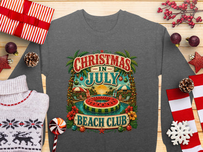 Christmas in July beach club graphic with palm trees, pool, and presents.