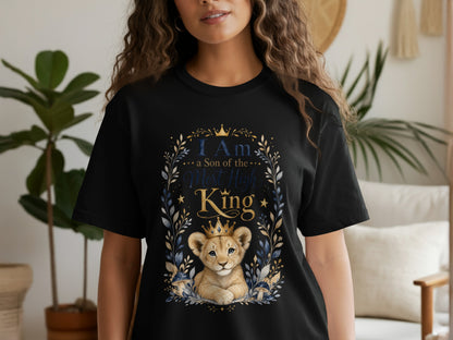 Black t-shirt with a crowned lion cub graphic and text "I Am a Son of the Most High King".