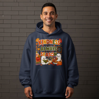 Navy hoodie with "Kindness Always Season" text and cute ghost graphics.