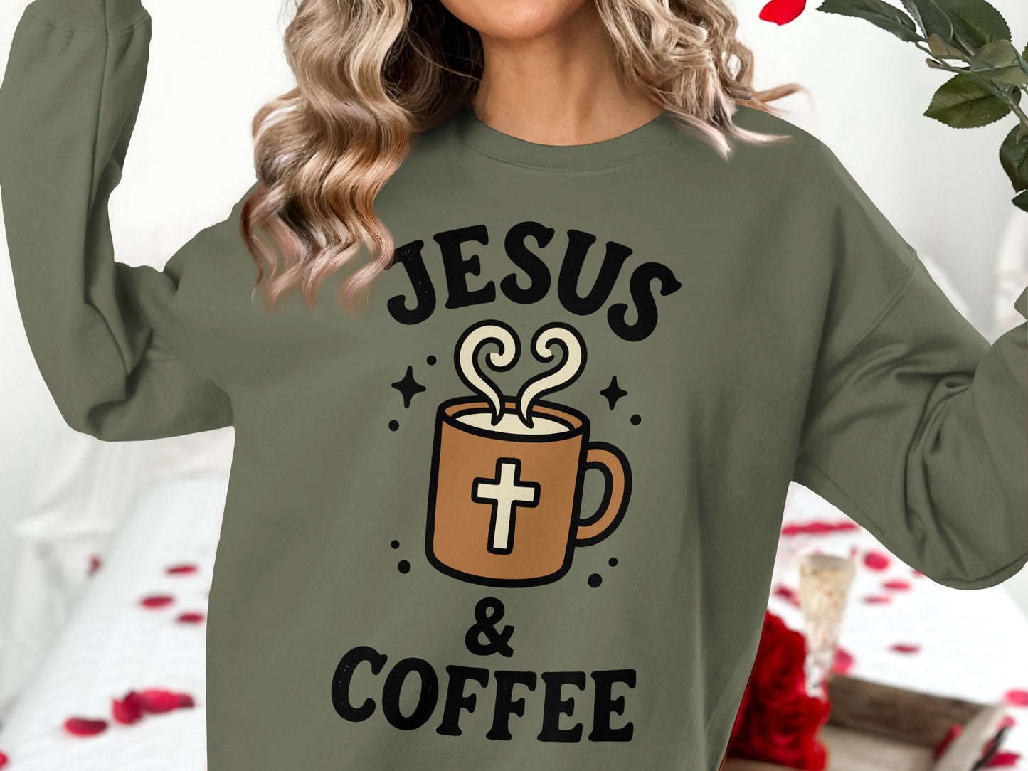 Olive sweatshirt with "Jesus & Coffee" text and coffee mug graphic.