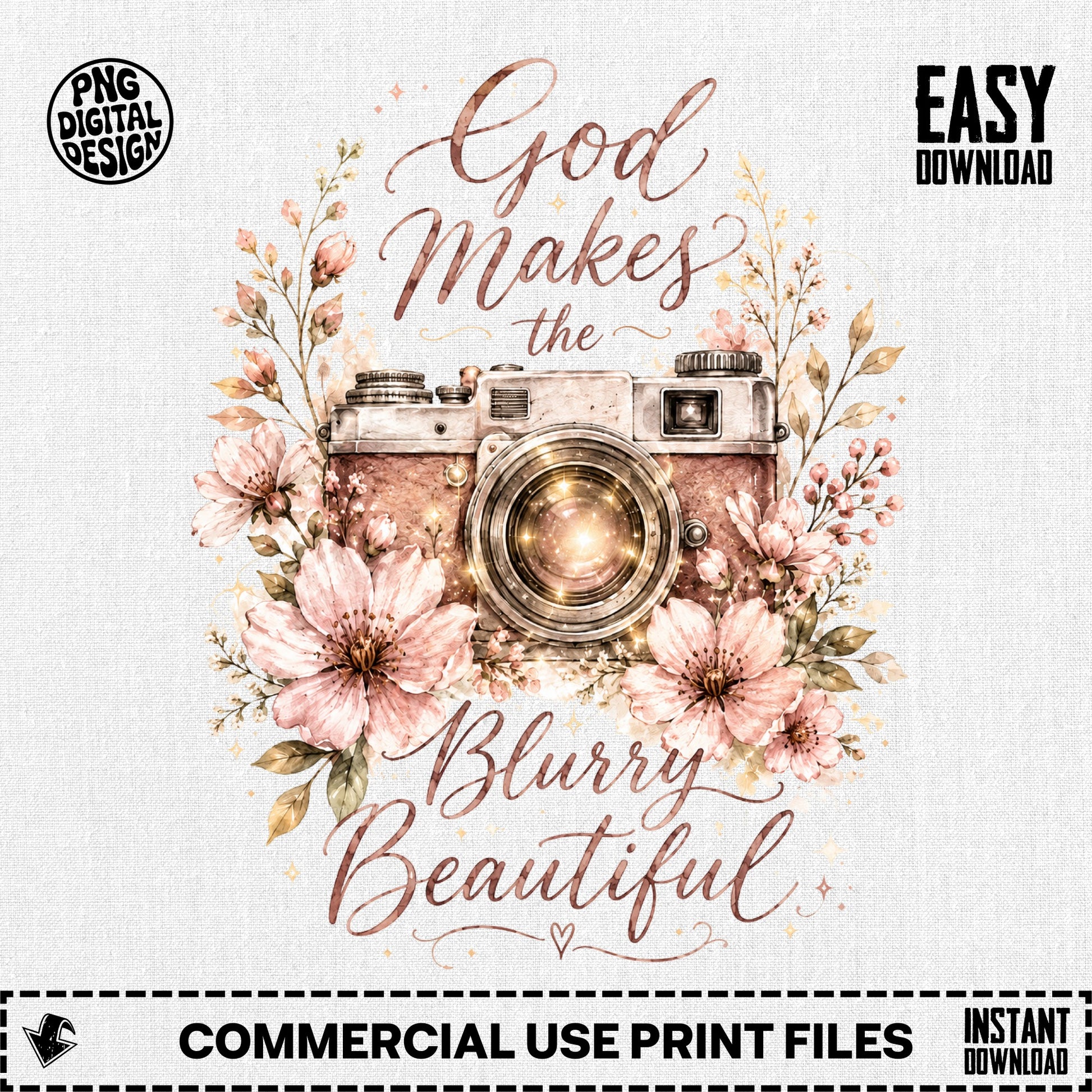 Vintage camera surrounded by flowers with text "God Makes the Blurry Beautiful".