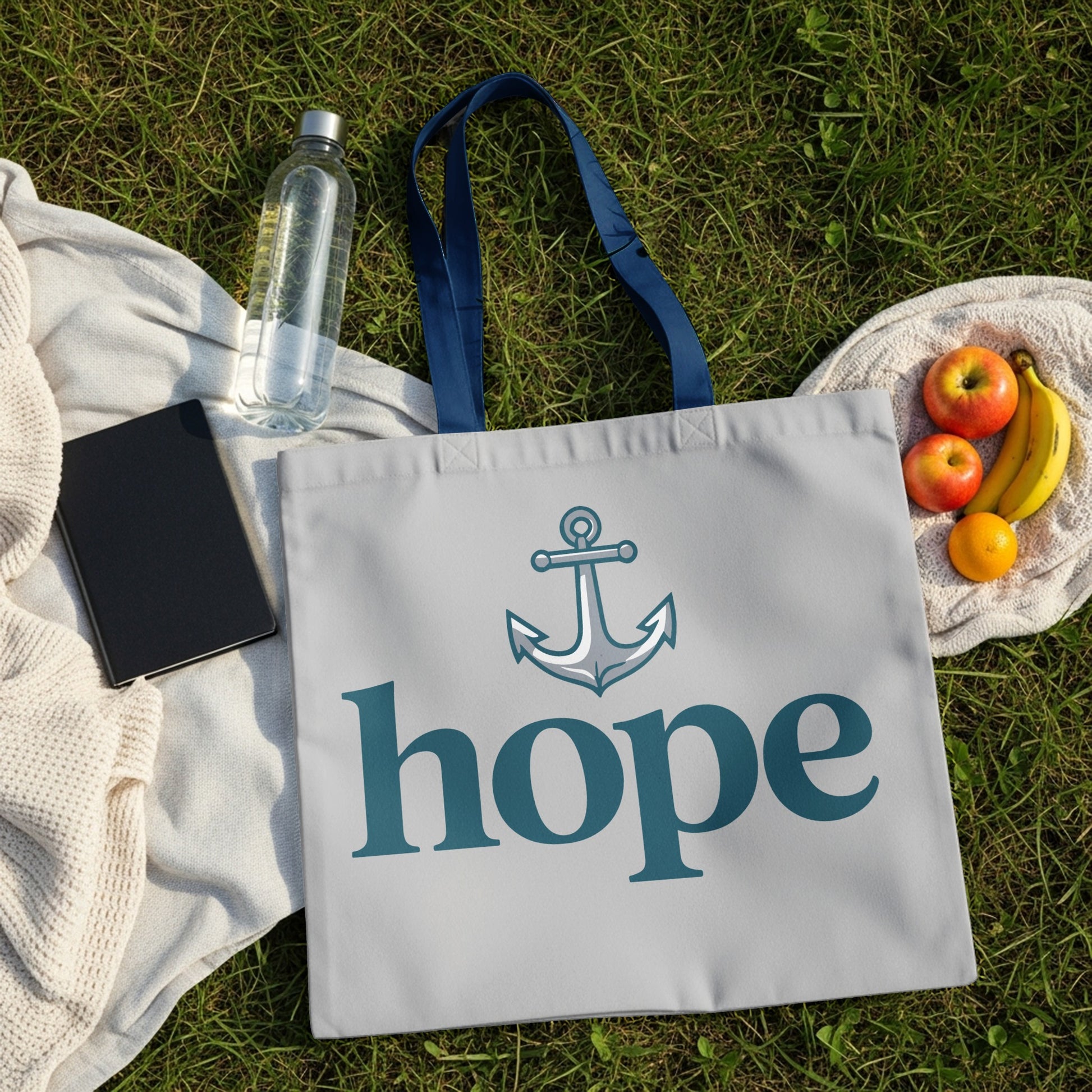 Tote bag with anchor and "hope" design on a picnic blanket with fruit and water bottle.