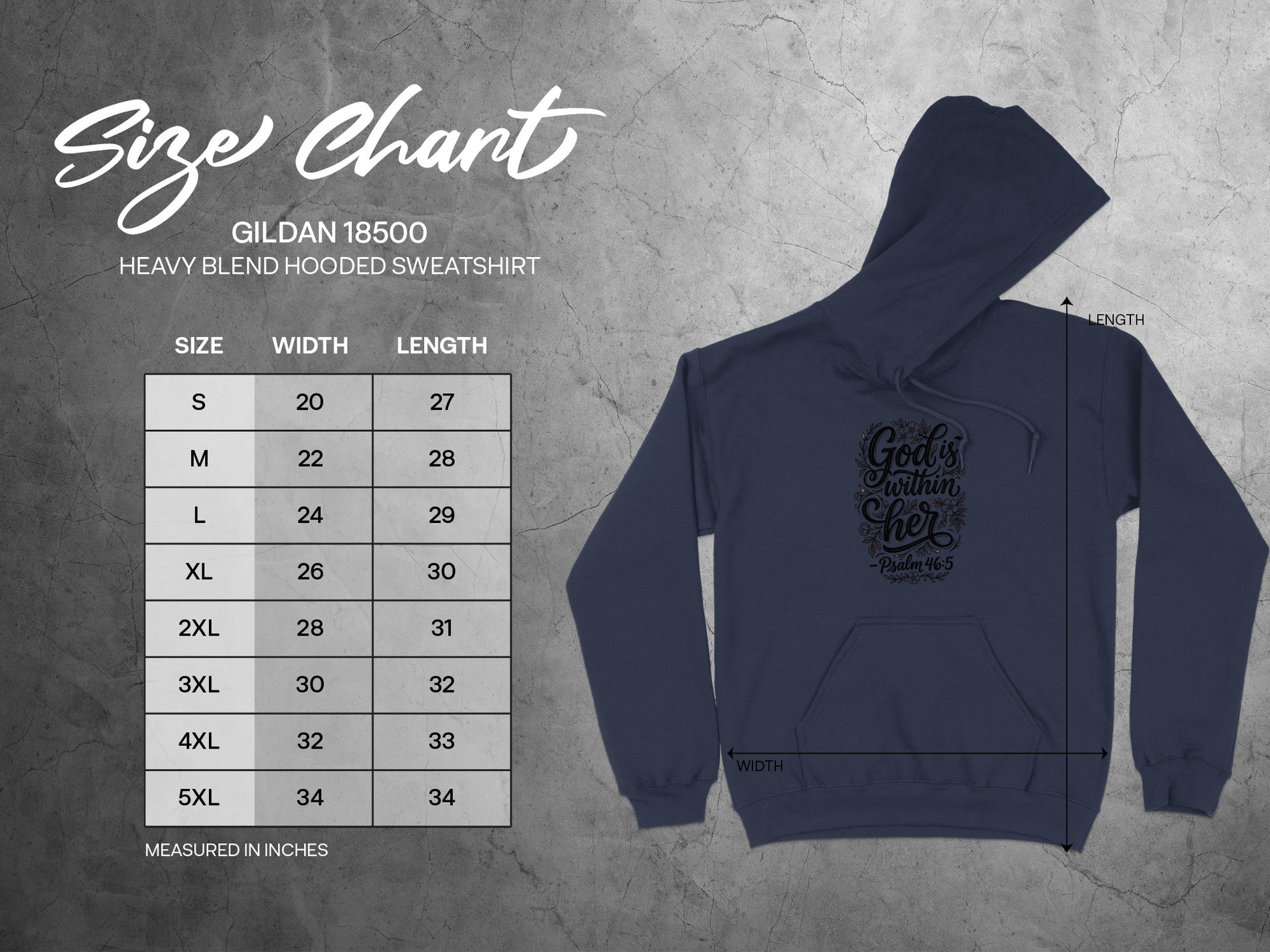 Gildan 18500 size chart with hoodie illustration and text.
