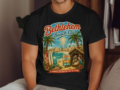 Bethlehem Beach Club graphic with nativity scene, palm trees, and beach elements.