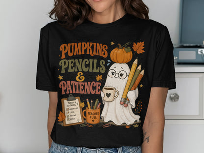 Ghost wearing glasses, holding coffee and pencils, with "Pumpkins Pencils & Patience" text.
