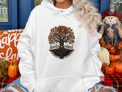 White hoodie with a tree of life design, "Rooted in Christ" text.