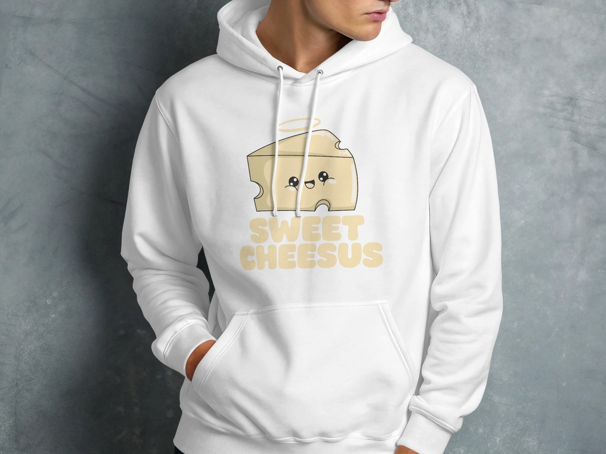 White hoodie with "SWEET CHEESUS" text and a cute cheese slice cartoon.
