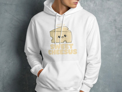 White hoodie with "SWEET CHEESUS" text and a cute cheese slice cartoon.