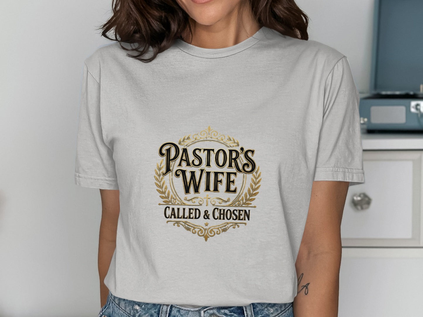 Pastor's Wife, Called & Chosen text on a grey t-shirt.