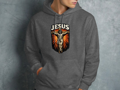 Dark gray hoodie with "Jesus" crucifixion graphic on front.