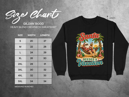 Gildan 18000 size chart and sweatshirt graphic featuring Santa on vacation.