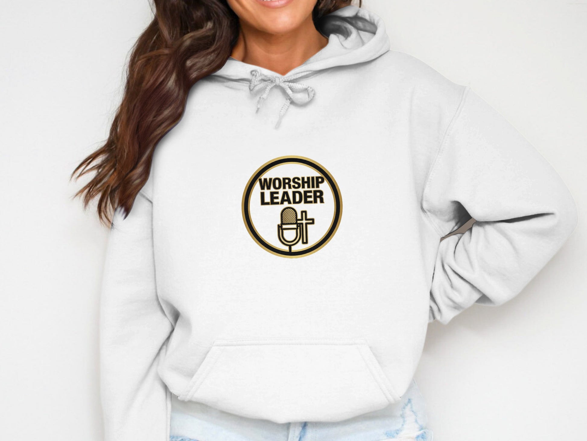 White hoodie with "Worship Leader" text and a cross logo.