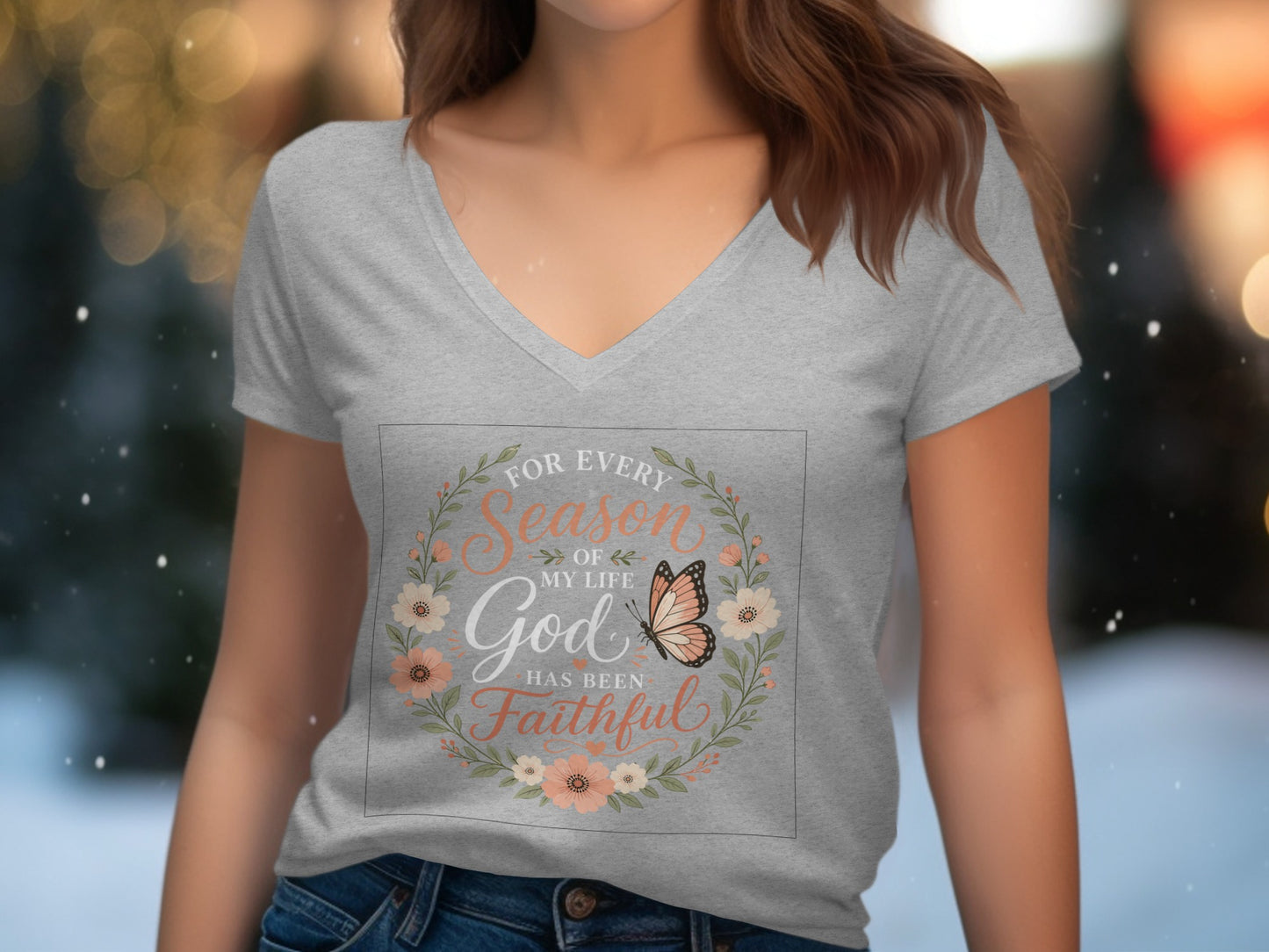 Gray v-neck t-shirt with "For Every Season of My Life God Has Been Faithful" text.