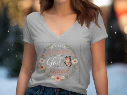 Gray v-neck t-shirt with "For Every Season of My Life God Has Been Faithful" text.