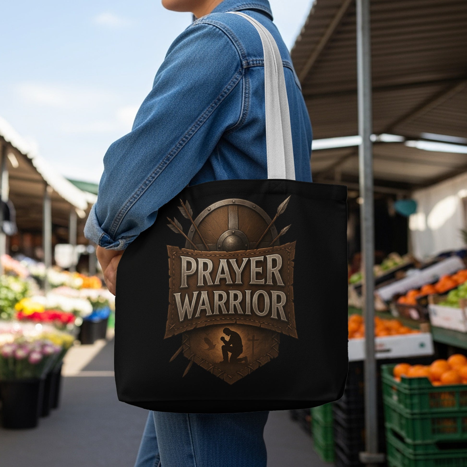Black tote bag with "Prayer Warrior" text and a shield emblem.
