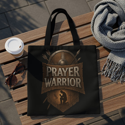 Black tote bag with "Prayer Warrior" text and kneeling silhouette.