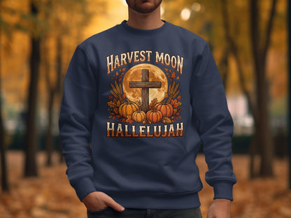 Navy sweatshirt with Harvest Moon Hallelujah, cross, and pumpkins design.