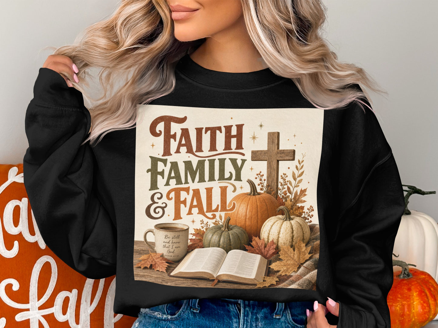 Sweatshirt with "Faith Family & Fall" text, pumpkins, Bible, and cross.