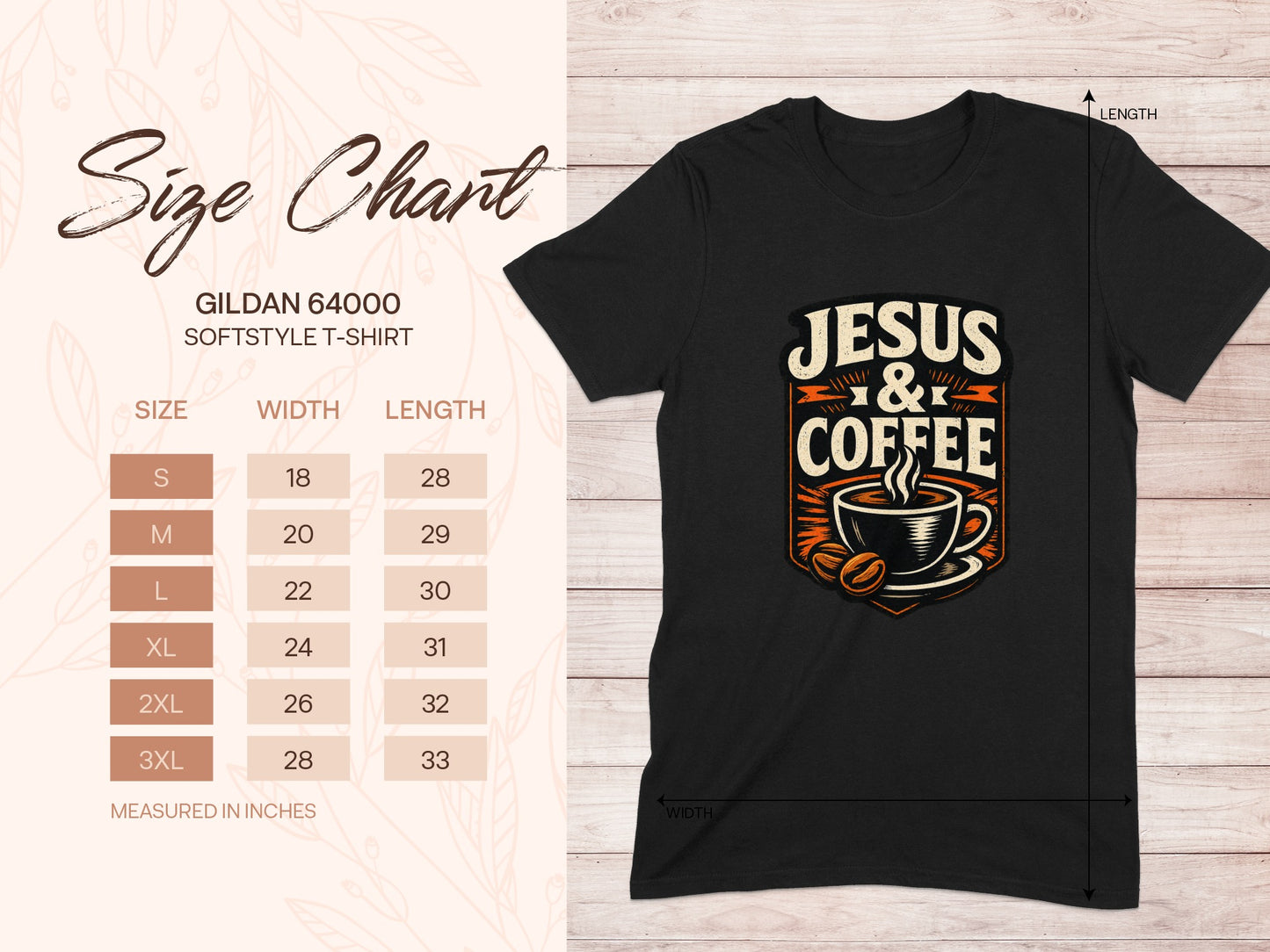Gildan 64000 softstyle t-shirt size chart with Jesus & Coffee graphic.