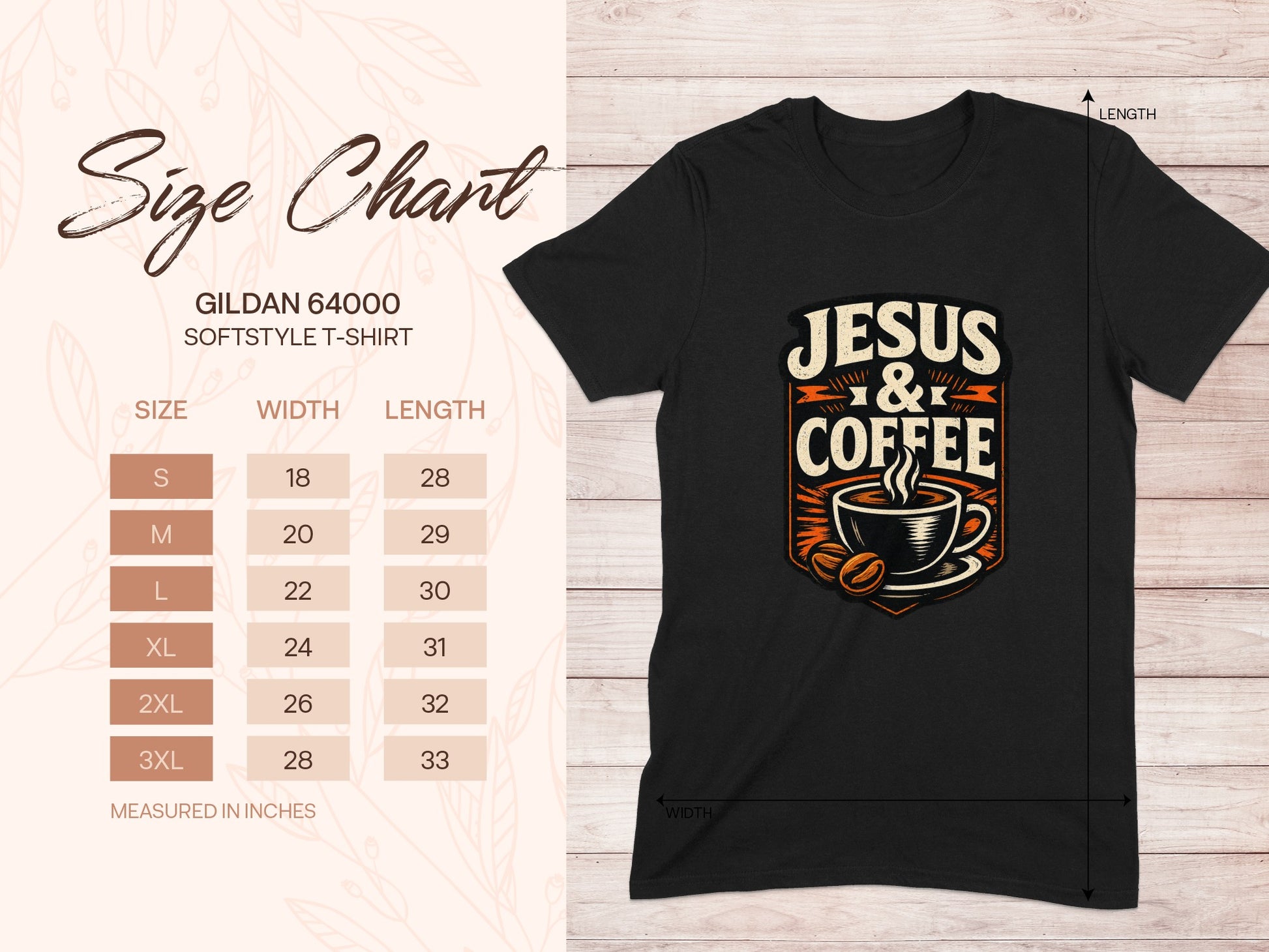 Gildan 64000 softstyle t-shirt size chart with Jesus & Coffee graphic.