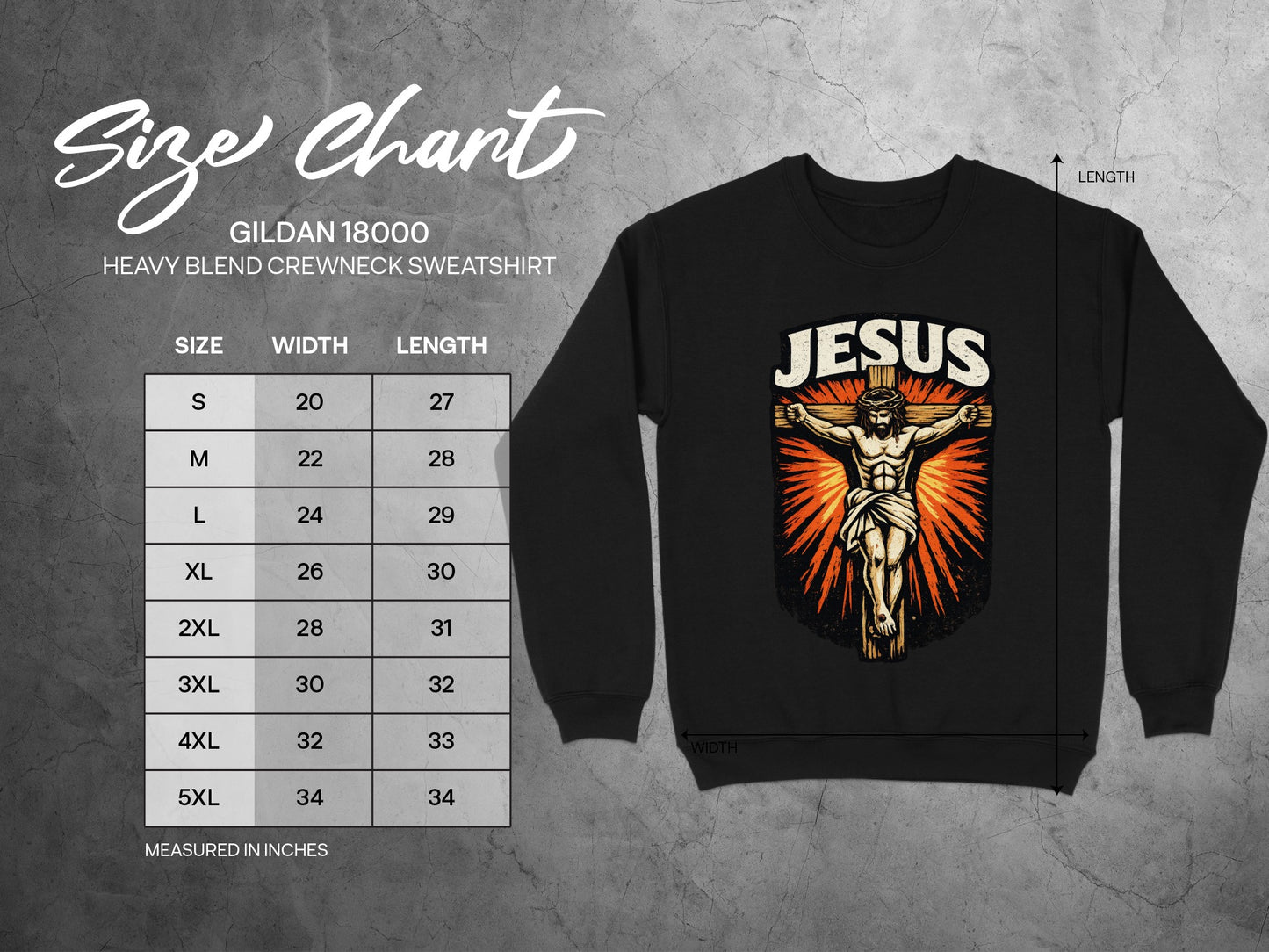 Gildan 18000 sweatshirt size chart with measurements for S through 5XL.