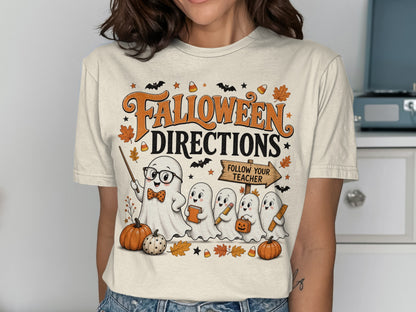Ghost teacher with students and "Halloween Directions" text.