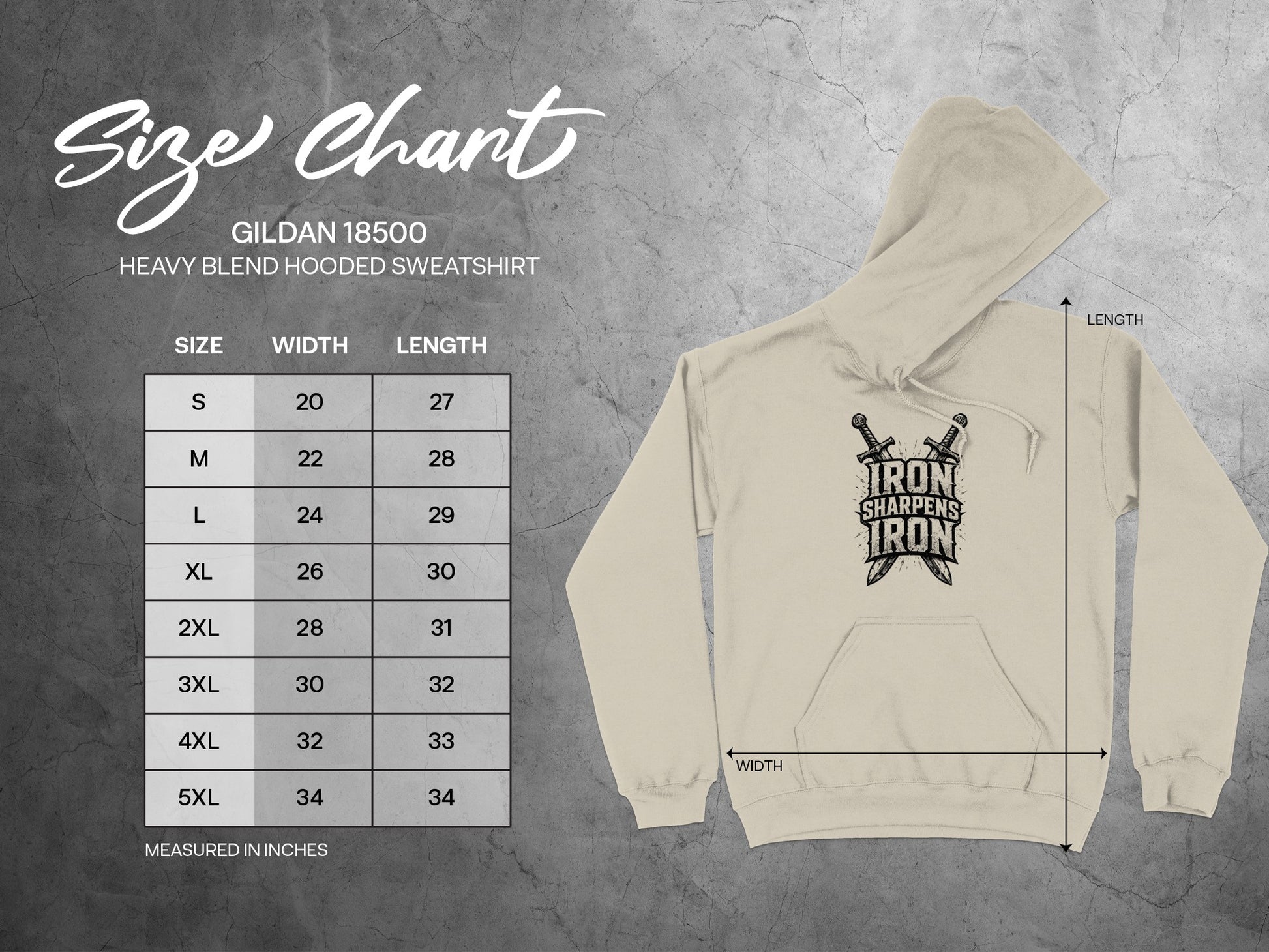 Size chart for Gildan 18500 Heavy Blend hooded sweatshirt.