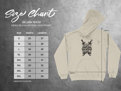 Size chart for Gildan 18500 Heavy Blend hooded sweatshirt.