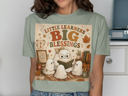 Little Learners Big Blessings ghost family reading a book with Bible verse.