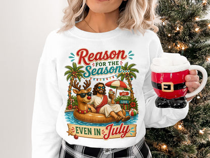 Jesus and Rudolph on a float with "Reason for the Season" and "Even in July".