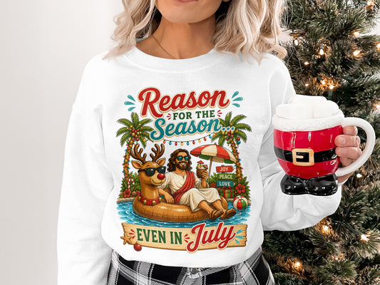 Jesus and Rudolph on a float with "Reason for the Season" and "Even in July".