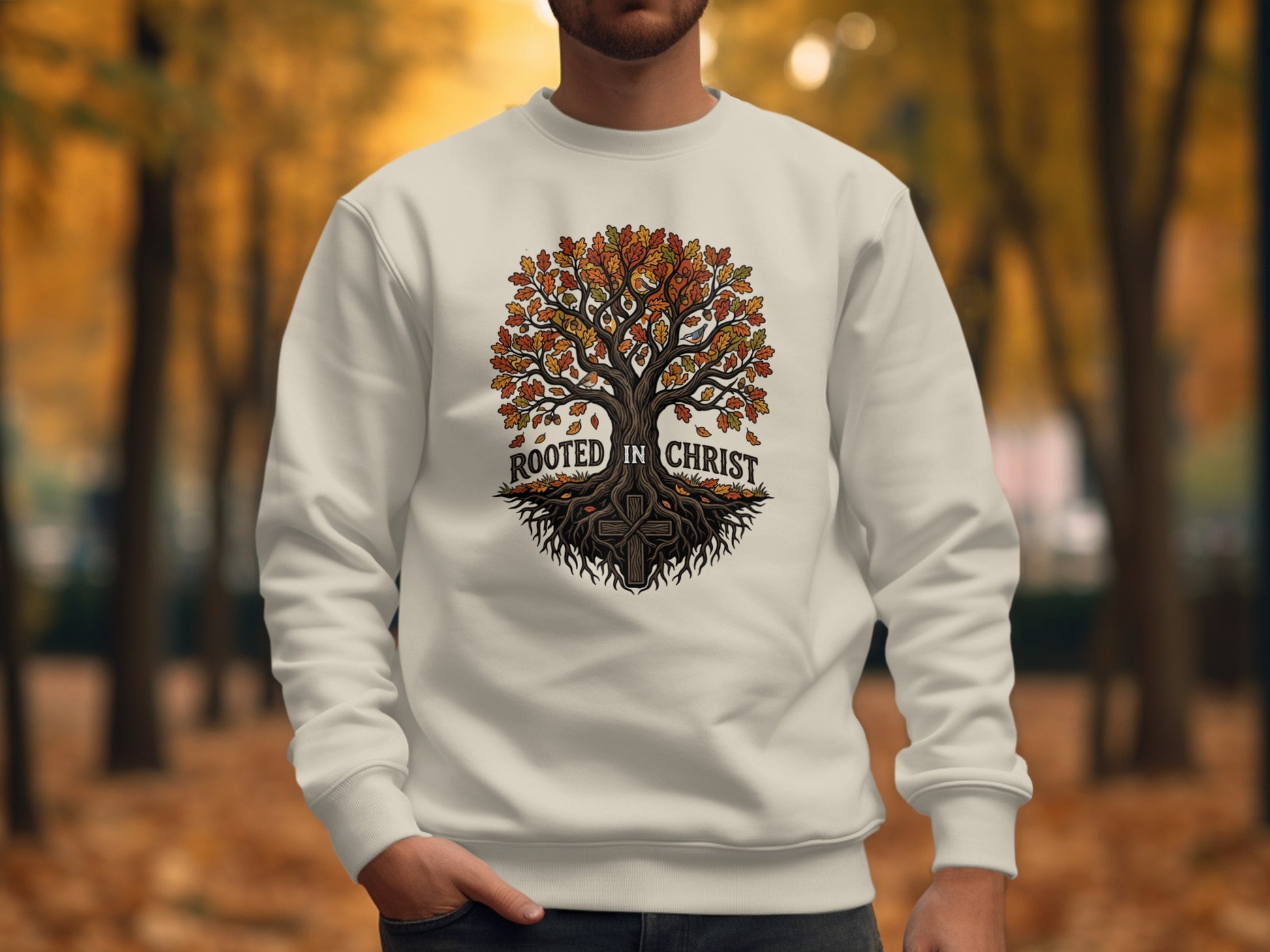 White sweatshirt with "Rooted in Christ" tree and cross graphic.