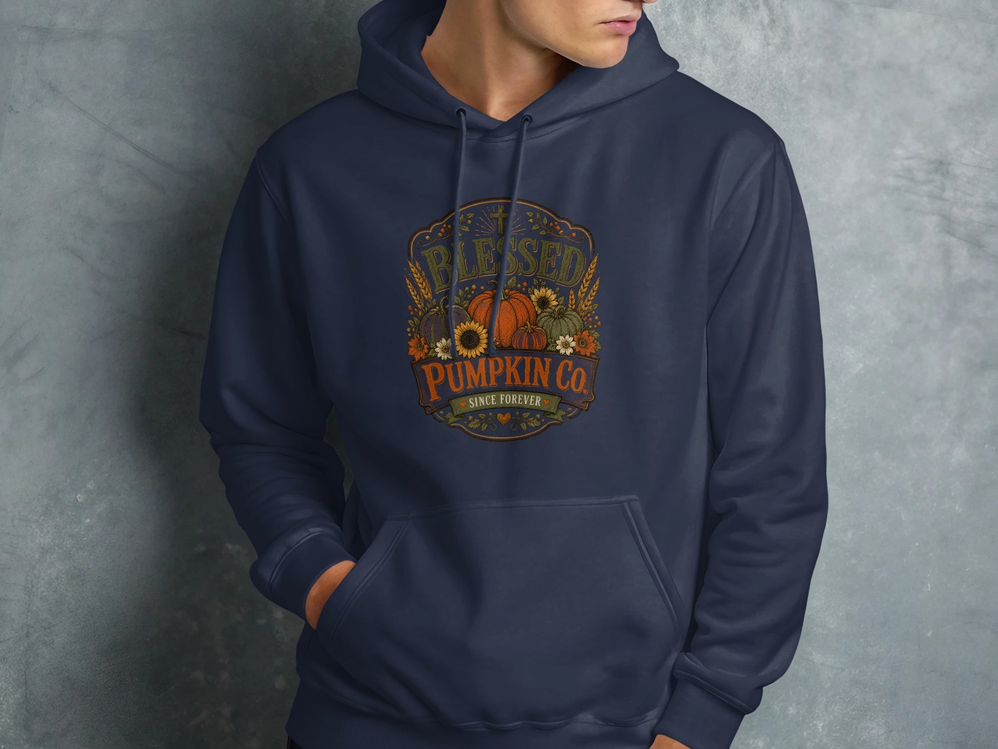Navy blue hoodie with "Blessed Pumpkin Co. Since Forever" autumn themed graphic.