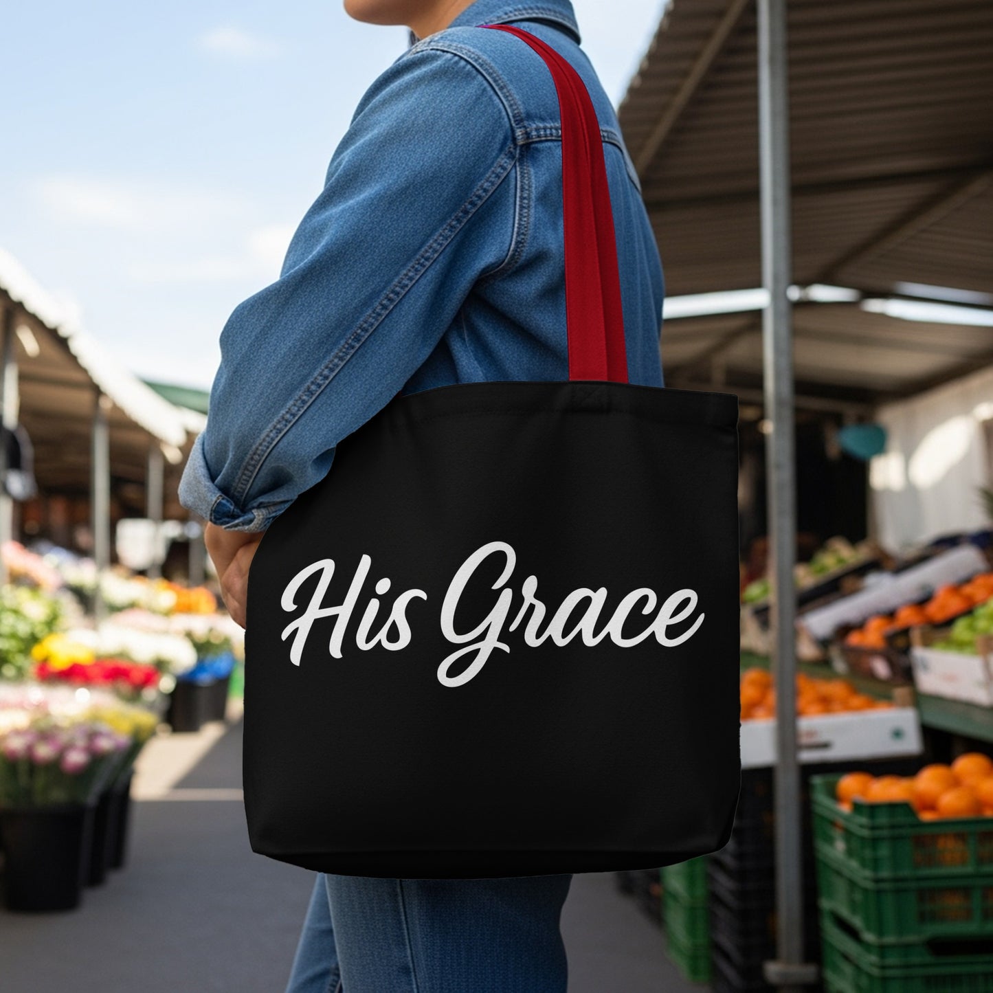 Black tote bag with "His Grace" in white cursive script.
