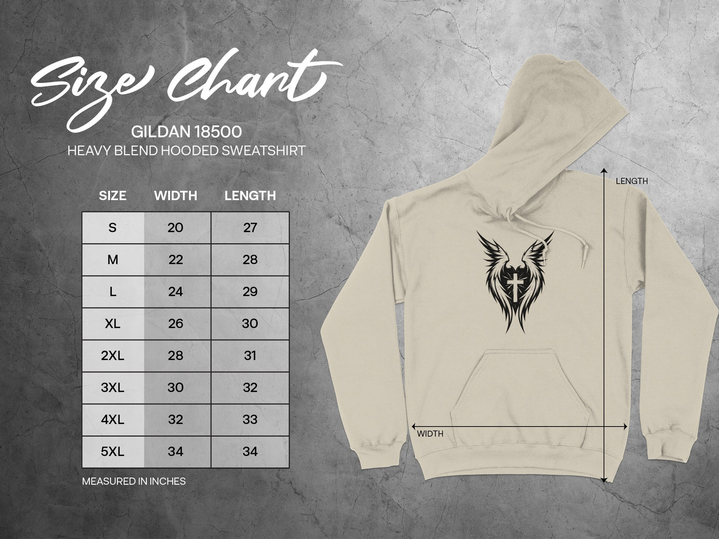 Gildan 18500 hooded sweatshirt size chart in inches.