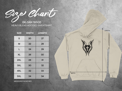 Gildan 18500 hooded sweatshirt size chart in inches.
