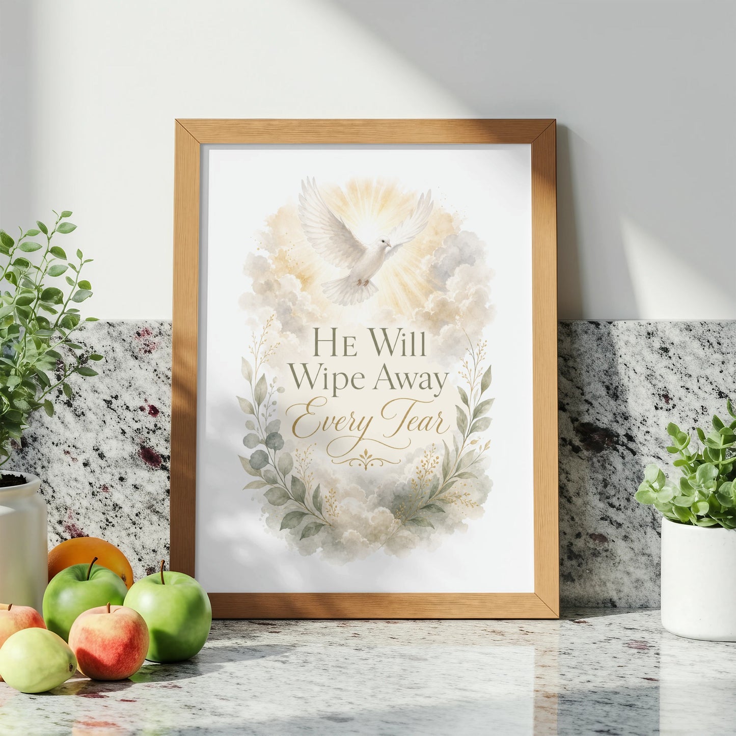 Framed artwork with a dove and clouds, reading "He Will Wipe Away Every Tear."
