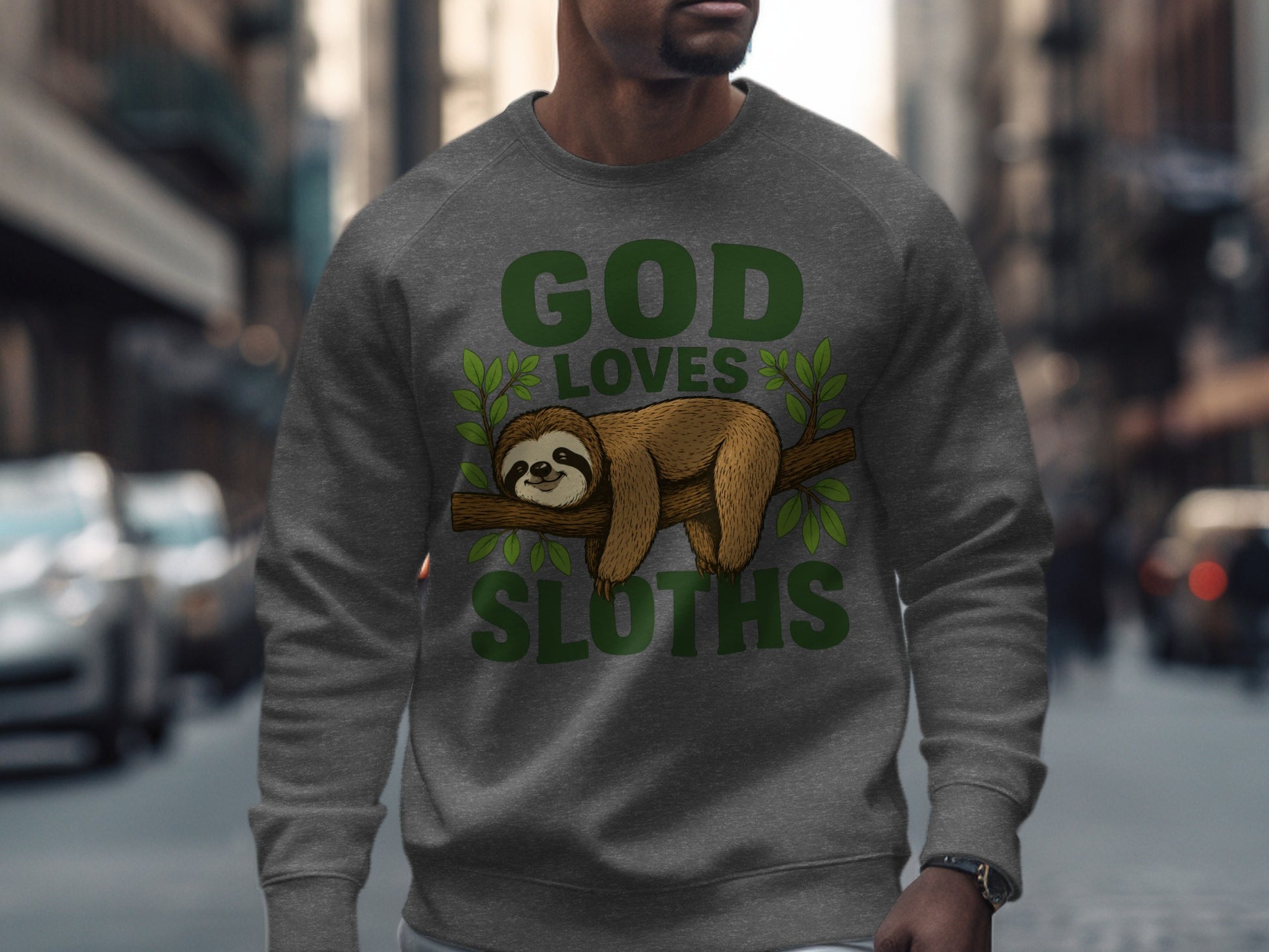 Gray sweatshirt with "GOD LOVES SLOTHS" text and sloth graphic.
